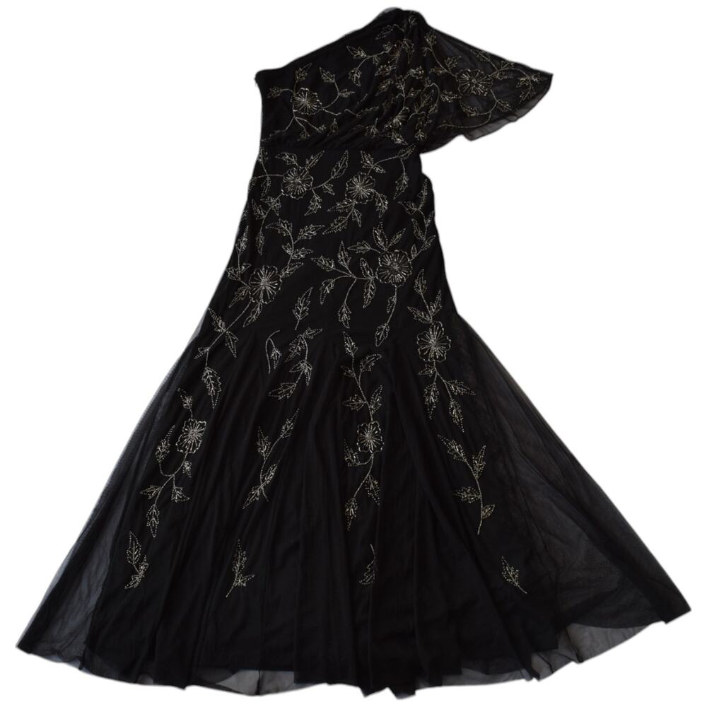 Adrianna Papell Black One-Shoulder Embroidered Evening Gown Size 6
